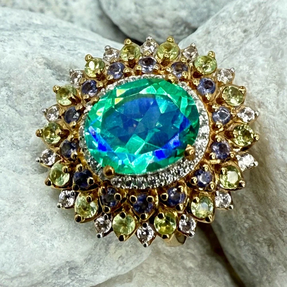 NWT Peacock Quartz Multi-Gem Dahlia Floral Ring Vermeil Gold over 925 4.15ctw